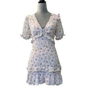 Sweet Spot Women's Floral Tiered Mini Dress Size 8 Blue Party V-Neck Fancy Love